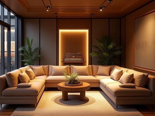 Confortável área de lounge no Onda Sonora Estúdio, com sofás e decoração moderna
