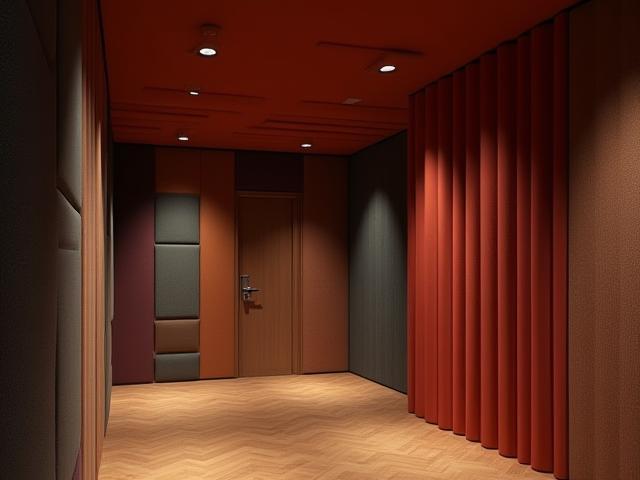 Detalhe dos painéis acústicos e design da sala de gravação