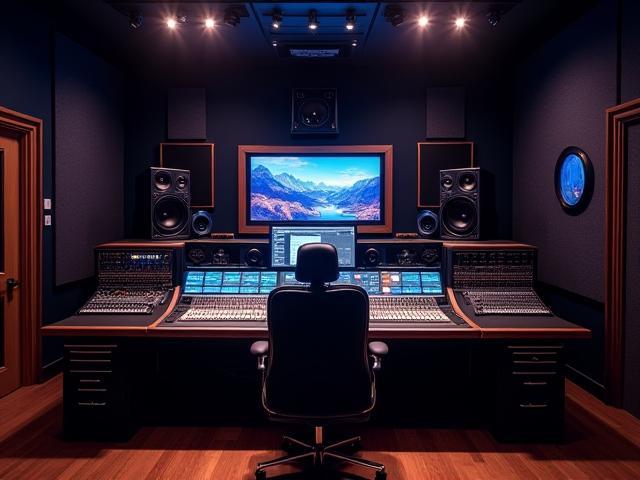 Sala de controle principal no Onda Sonora Estúdio, com console de mixagem e monitores