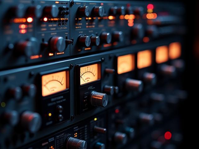 Close-up de rack de equipamentos outboard, compressores e equalizadores
