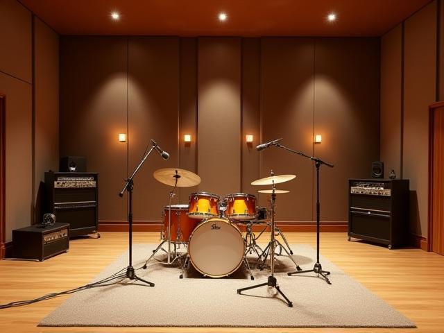 Sala de gravação ao vivo com bateria montada e microfonada